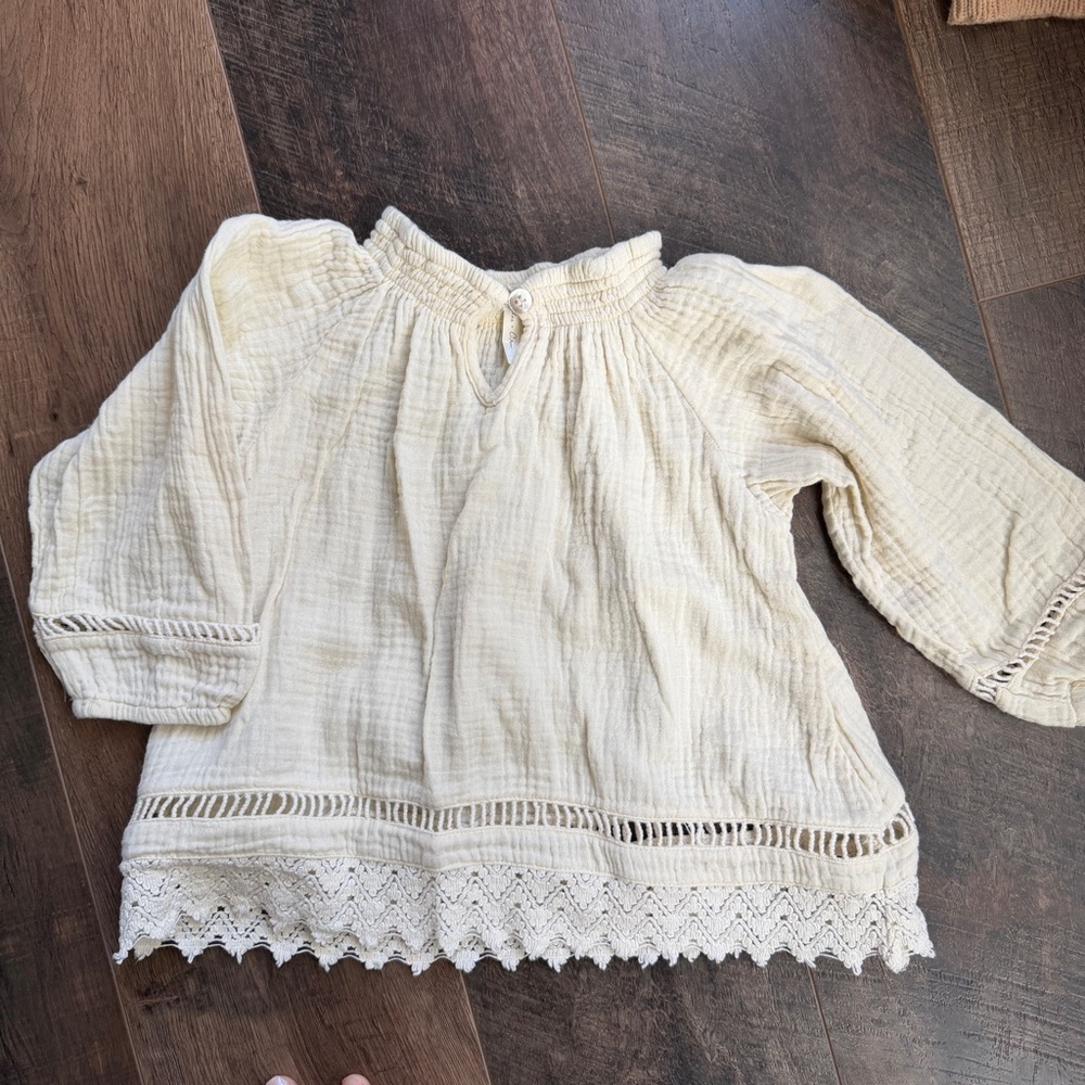 Rylee + Cru Cream Peasant Blouse with Crochet Hem